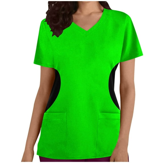 Rciityk Green Women Regular Nursing Uniform Tops V-Neck Scrub Top Casual Solid Patchwork Short Sleeve Medicals Scrub Stretch Work Tops with Pockets