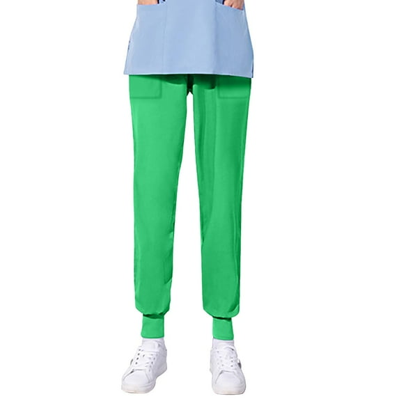 Rciityk Green Women's Jogger Scrub Pants Comfort Fits Solid Color Four Season Loose Bunched Feet Nurse Work Pants with Pockets