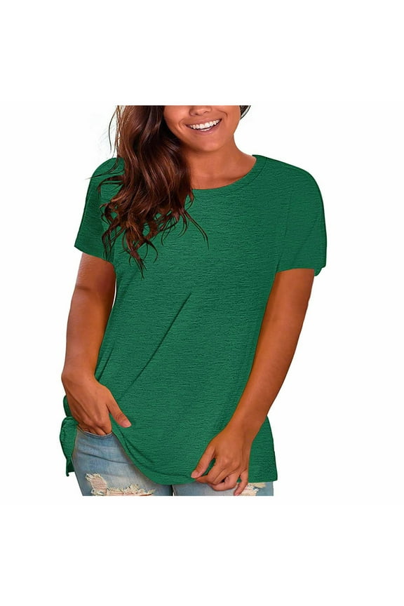 Green Women's Plus Size T Shirts Crew Neck Top Short Sleeve Summer Casual Loose Basic Crew Neck Tunic Tops