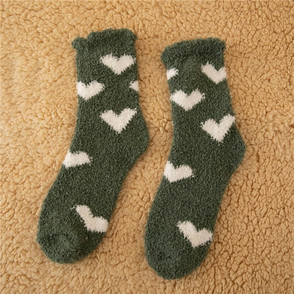 Rciityk Green Womens Winter Fuzzy Socks Cute Love Print Thick Fleece Warm Mid Length Socks Daily Cozy Sleeping Slipper Floor Socks