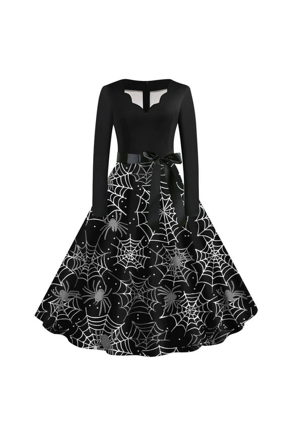 Halloween Black Long Sleeve Dress Women Fall Long Sleeve Spider Webs Printed V Neck Swings Dreses Vintage Waist Lace Up Bow Tie Dress
