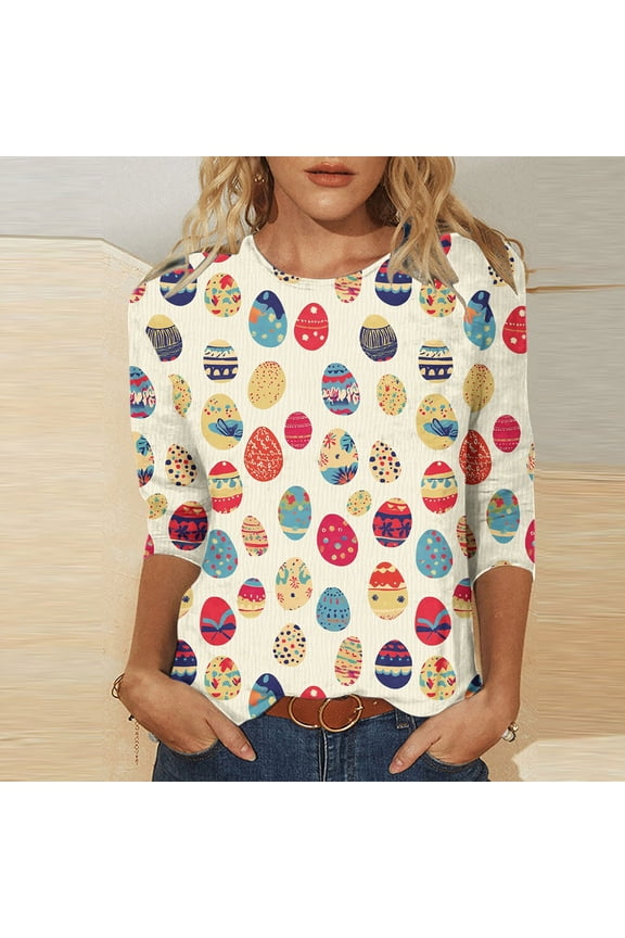 Happy Easter Day Shirts Women Plus Size Easter Bunny Eggs Graphic Tees Casual 3/4 Sleeve Round Neck Holiday T-shirt