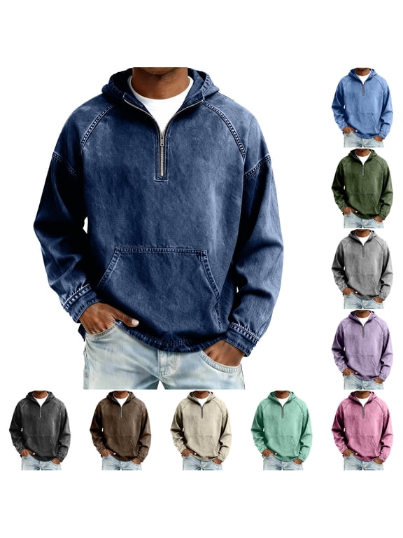 Hoodies for Men Denim Half Zip Long Sleeve Hooded Sweatshirt with Pocket, Fall Casual Pullover Oversized Sweatshirt Christmas Gifts