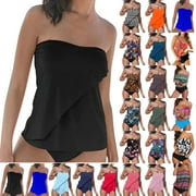 Rciityk Hot Pink Womens Two Piece Bandeau Tankinis Swimsuits Loose Top Strapless Swimsuit Solid Swimwear Beachwear
