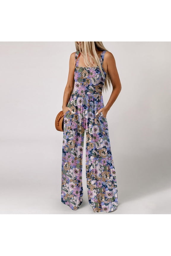 Jumpsuits for Women Casual Sleeveless Spaghetti Strap Rompers Summer One Pieces Vintage Print Wide Leg Elastic Waist Long Pant Overalls with Pockets