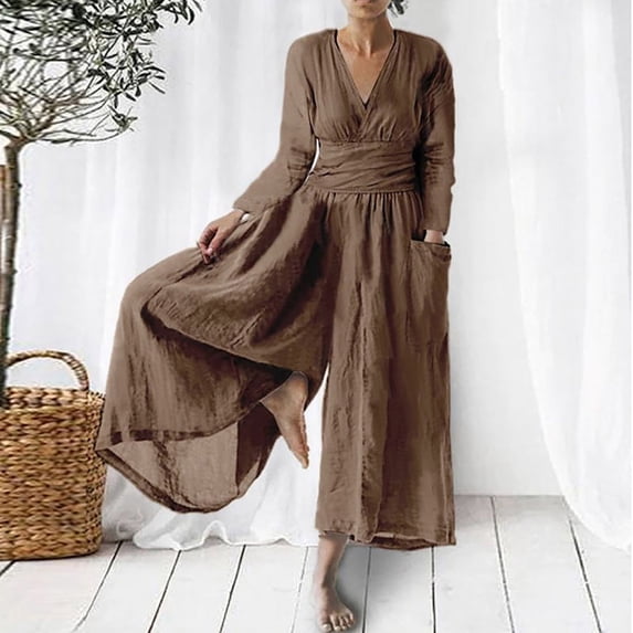 Rciityk Jumpsuits for Women Casual Plus Size Short Sleeve High Waist Rompers Summer Solid Color Wide Leg Linen Pants Overalls with Pockets