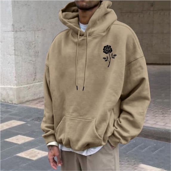 Rciityk Khaki Men's Hoodies Casual Solid Printed Pullover Hooded Sweatshirts Fashion Loose Long Sleeve Sweatshirt with Pocket - Fall/Winter Savings Clearance