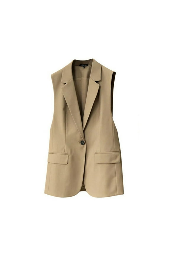 Khaki Women's Sleeveless Blazer Vests Fall Casual Open Front Lapel One Button Vests Fashion Office Outerwear Vests with Pockets