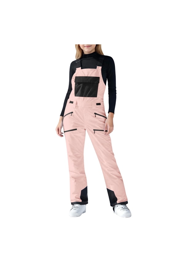 Kids Snow Pants Toddler Snow Bib Winter Waterproof Windproof Ski Pants Solid Color Warm Snowboard Overalls Pink for 6-7 Years