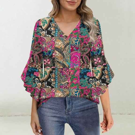 Rciityk Ladies Tops and Blouses 3/4 Length Flared Sleeve T-Shirts V Neck Casual Tunic Tops Basic Floral Print Office Work Shirts Loose Fits Blouse