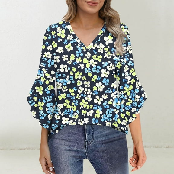 Rciityk Ladies Tops and Blouses 3/4 Length Flared Sleeve T-Shirts V Neck Casual Tunic Tops Basic Floral Print Office Work Shirts Loose Fits Blouse