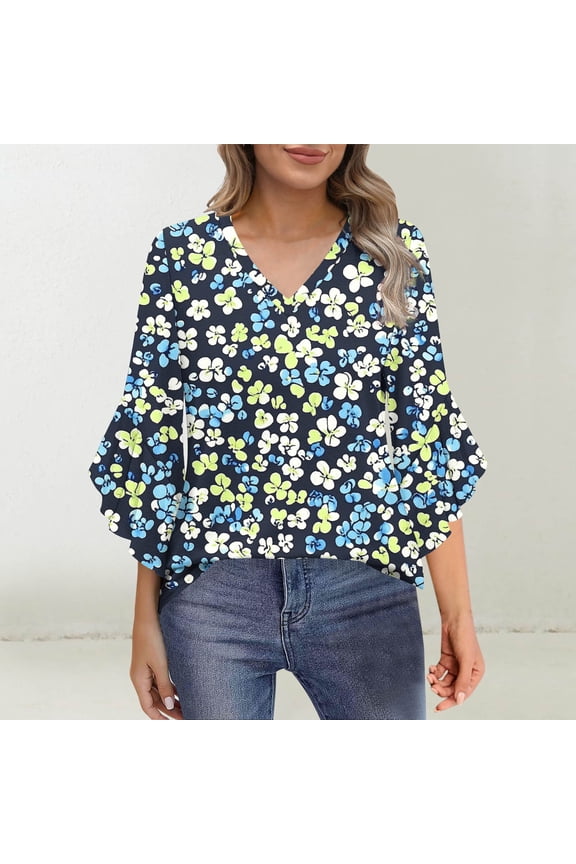 Ladies Tops and Blouses 3/4 Length Flared Sleeve T-Shirts V Neck Casual Tunic Tops Basic Floral Print Office Work Shirts Loose Fits Blouse