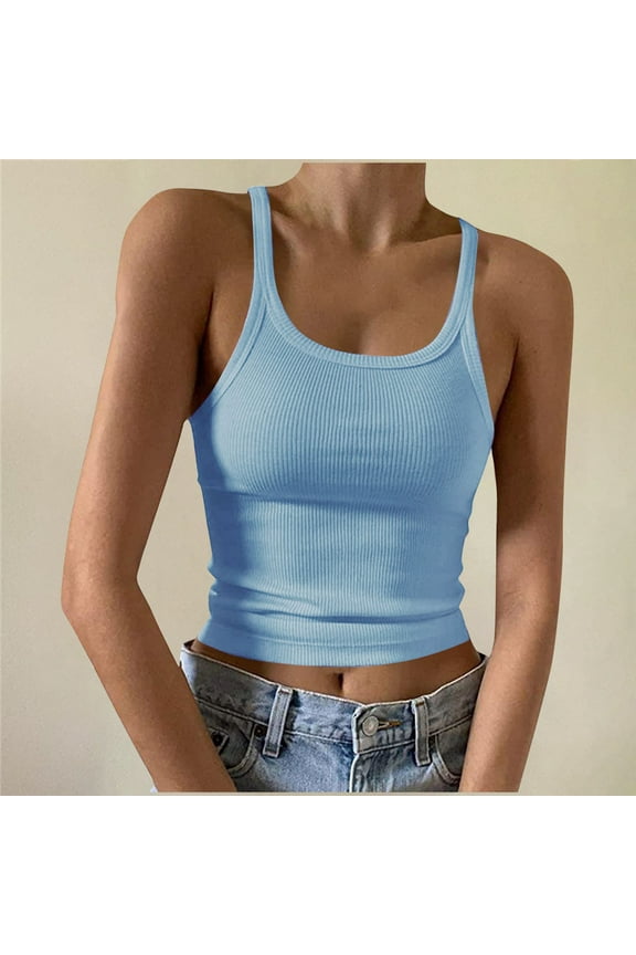 Light Blue Tank Tops for Women Spaghetti Strap Crew Neck Ribbed Basic Cami Shirts Solid Color Slim Camisole
