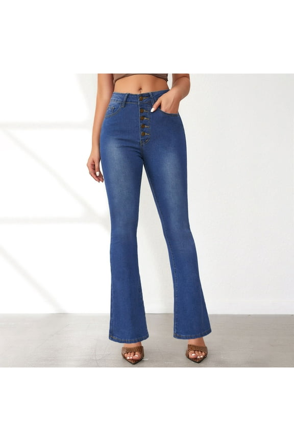 Light Blue Women's High Waisted Flare Jeans Fall Casual Bell Bottoms Button Tights Bootcut Denim Pants