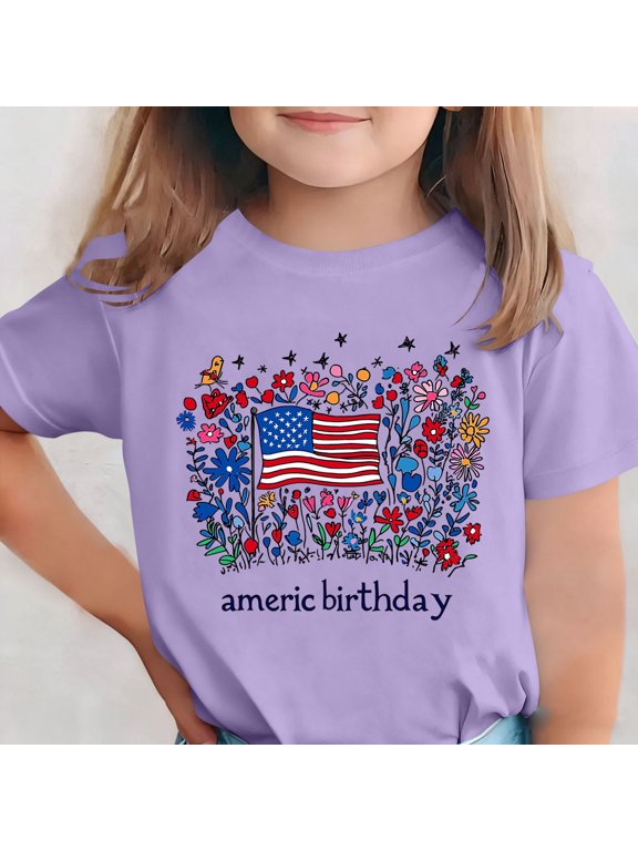 Little Girls 4th of July Outfits Patriotic Independence Day Printed Crew Neck Short Sleeve Shirts, Size 3-15Y
