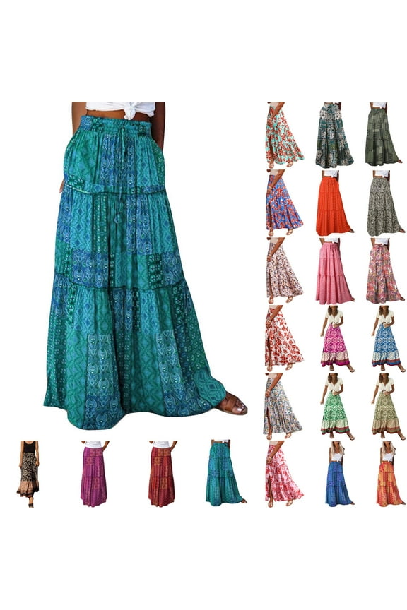 Rciityk Long Skirts for Women Maxi Boho Skirt Print Elastic High Waist Loose A-line Large Hem Skirt Summer Vacation Beach Skirt