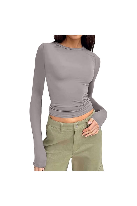 Long Sleeve Shirts for Women Basic Tees Crop Tops Solid Color Round Neck Tight Shirts Slim Fits Workout Yoga