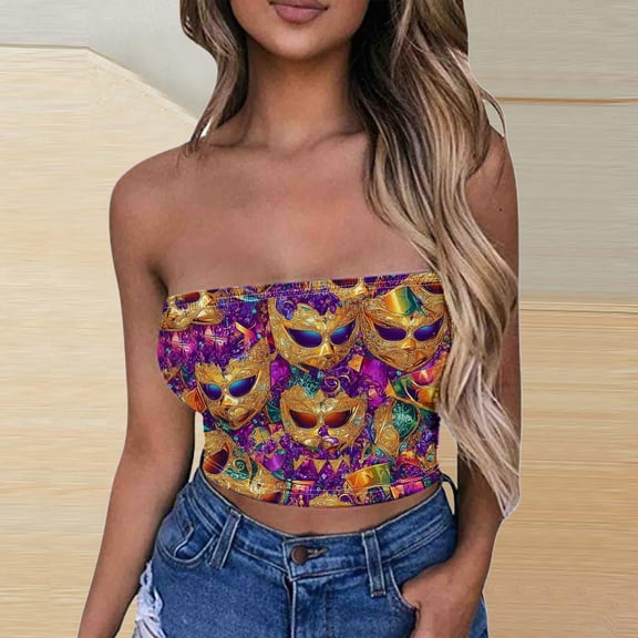 Rciityk Mardi Gras Women Strapless Tube Crop Tops Plus Size Fashion Carnival Print Sleeveless Holiday Party Tops