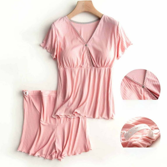 Rciityk Maternity Nursing Pajamas Set Short Sleeve Breastfeeding Sleepwear Double Layer Postpartum Top and Shorts Set