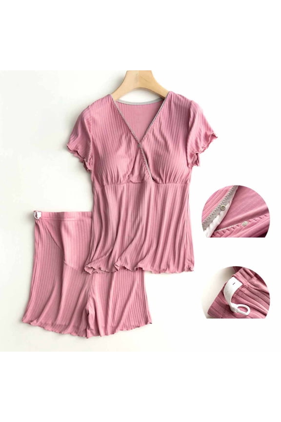 Maternity Nursing Pajamas Set Short Sleeve Breastfeeding Sleepwear Double Layer Postpartum Top and Shorts Set