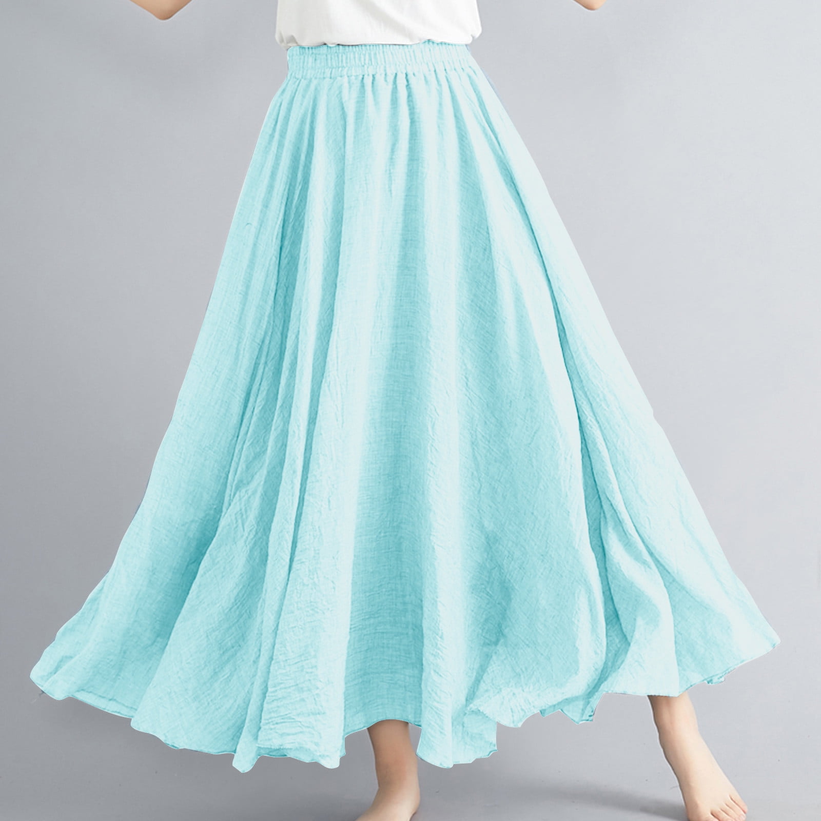 Rciityk Maxi Skirts for Women Summer Flowy Linen Elastic High Waist ...