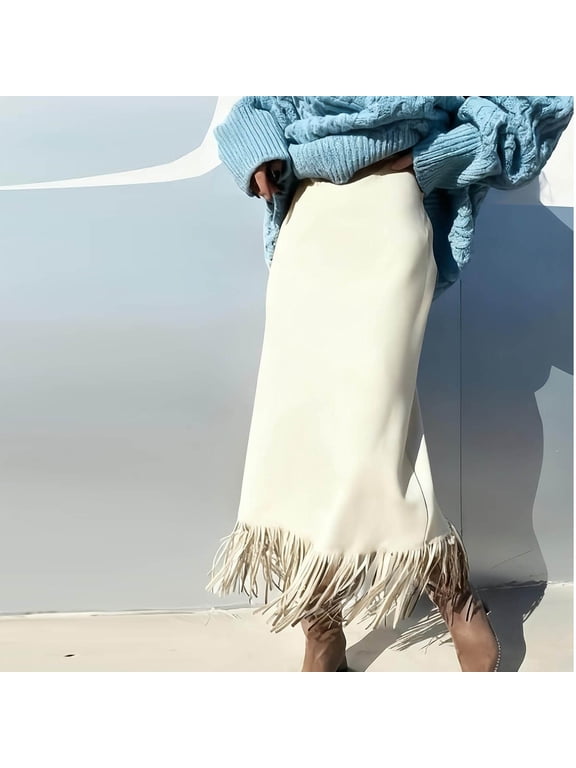 Maxi Skirts for Women High Waist Faux Suedes Fringe Hem Long Midi Skirt Solid Color Casual Fall Winter Skirt
