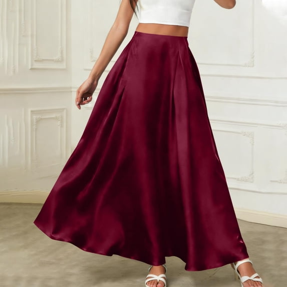 Rciityk Maxi Skirts for Women Summer Satin High Waist Long Skirt with Pockets Solid Color Flowy A-Line Ankle Length Vacation Beach Skirt