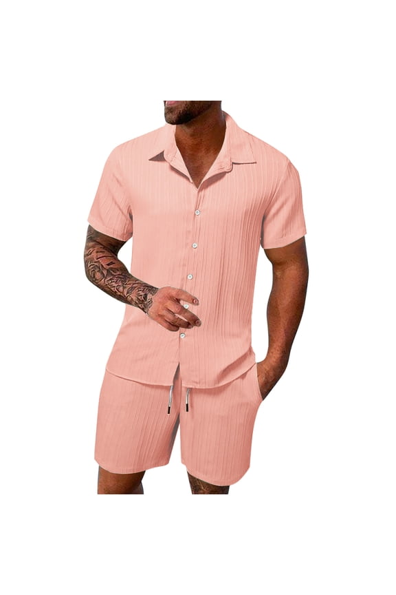 Men's 2 Piece outfits Cotton Linen Set Solid Turndown Collar Button T Shirts and Drawstring Elastic Wais Shorts Summer Casual Beach Outfits