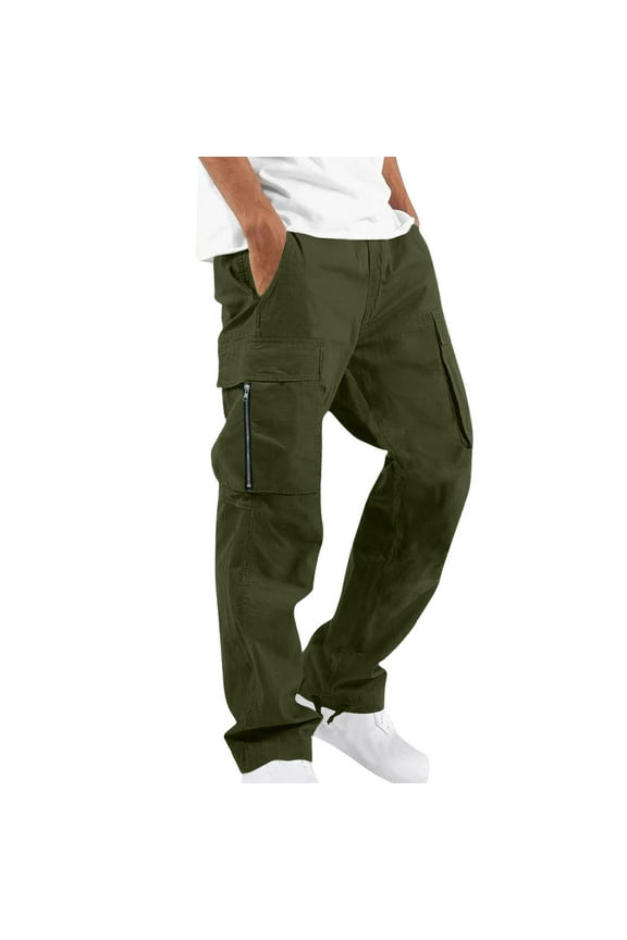 Men's Cargo Pants Casual Straight Work Trousers Solid Elastic Waist Drawstring Sport Pants with Pockets