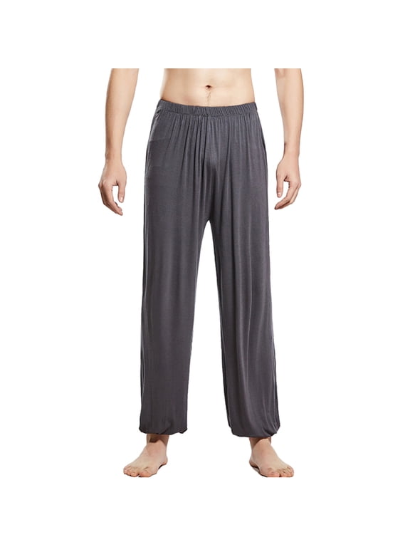 Men's Pajama Pants Elasticated Waist Drawstring Sleep Pant Casual Solid Pjs Pants- Button Fly