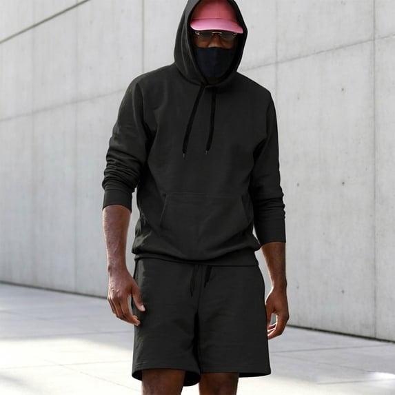 Rciityk Men's Tracksuit Short Set Solid Color Long Sleeve Pullover Hoodie with Kangaroo Pocket and Casual Shorts 2 Piece Sweatsuit