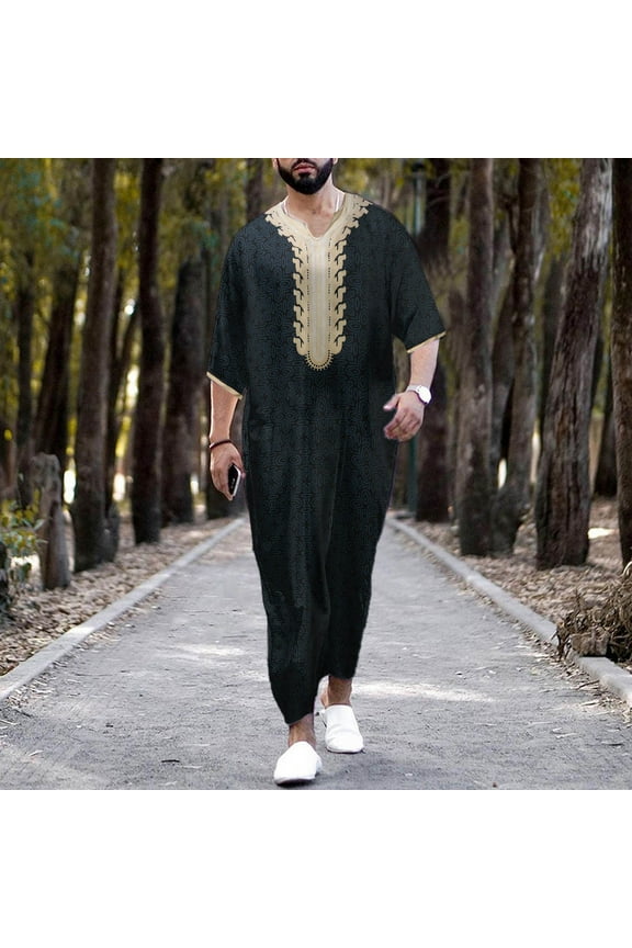 Men's V-Neck Tops T Shirt Kaftan Robe Summer Long Gown Mens Short Sleeve Printing Long Gown Men's Muslim Thobe