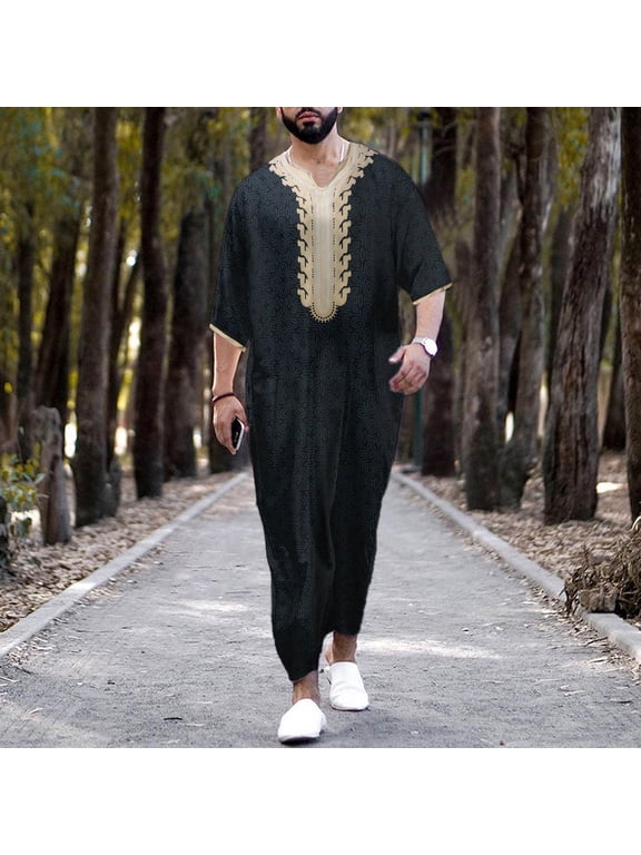 Men's V-Neck Tops T Shirt Kaftan Robe Summer Long Gown Mens Short Sleeve Printing Long Gown Men's Muslim Thobe