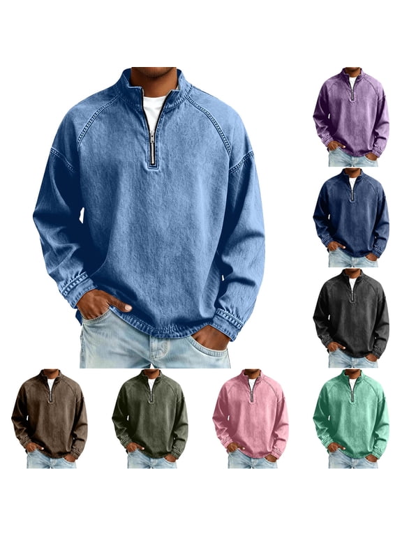 Men's Washed Denim Half-Zip Stand Collar Sweatshirt Casual Long Sleeve Loose Fit Pullover Top Without Hoodies
