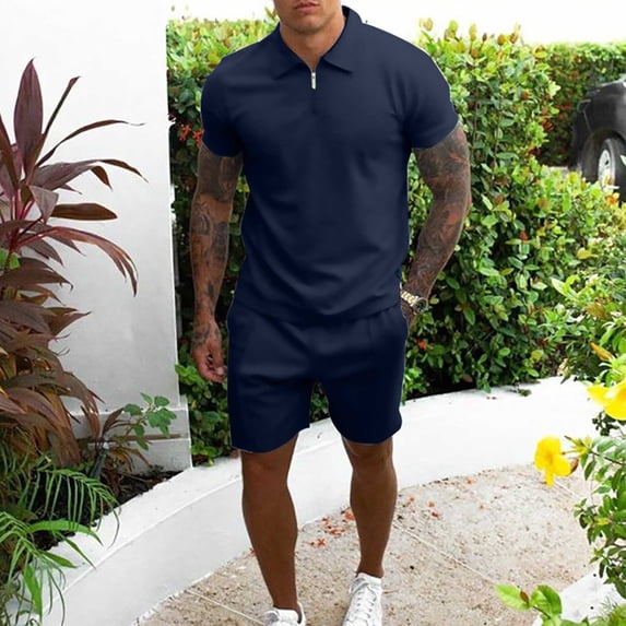 Rciityk Mens 2 Piece Zip Tracksuit Short Sleeve Shirt and Shorts Sets Summer Outfits Casual Solid Turndown Zip Pullover Sports Short Sleeve Suit - Fall Savings Clearance