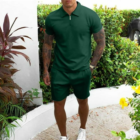 Rciityk Mens 2 Piece Zip Tracksuit Short Sleeve Shirt and Shorts Sets Summer Outfits Casual Solid Turndown Zip Pullover Sports Short Sleeve Suit - Fall Savings Clearance