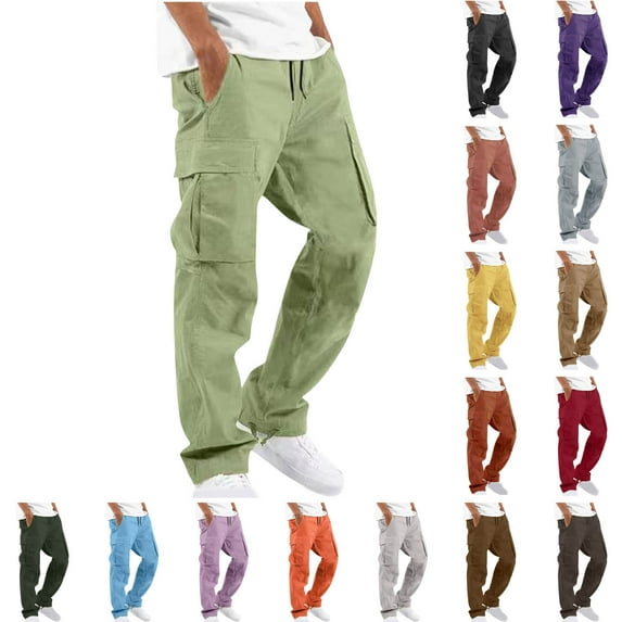 Rciityk Mens Cargo Pants Elastic Waist Drawstring Stretch Loose Joggers Work Pants Solid Casual Outdoor Pants with Multi Pockets