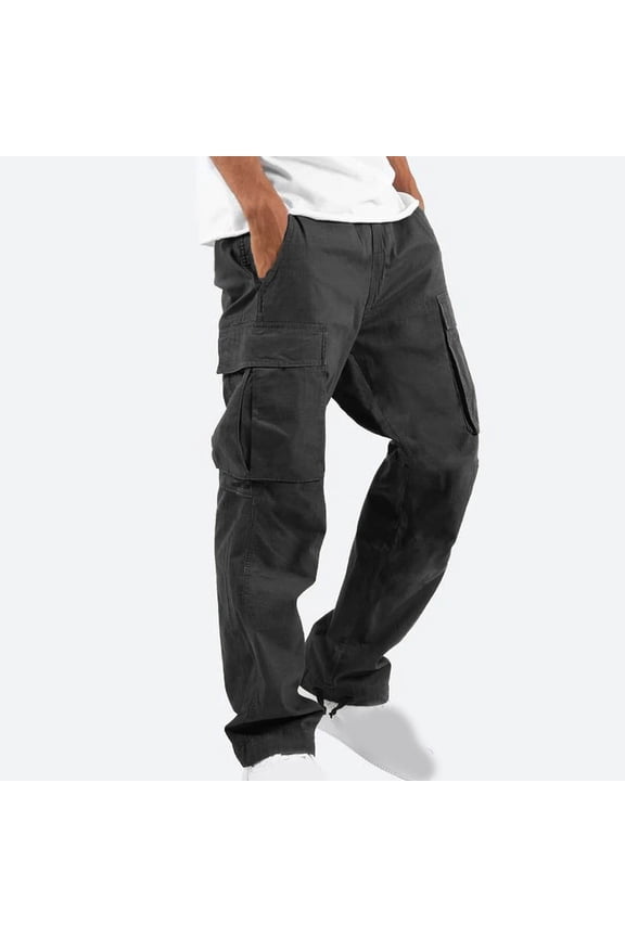 Mens Cargo Pants Elastic Waist Drawstring Stretch Loose Joggers Work Pants Solid Casual Outdoor Pants with Multi Pockets