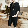 thumbnail image 1 of Rciityk Mens Linen Short Sets 2 Piece Outfits Summer Casual 3/4 Sleeve V Neck Button Tops and Seven-Quarter Pants Solid Beach Set, 1 of 5