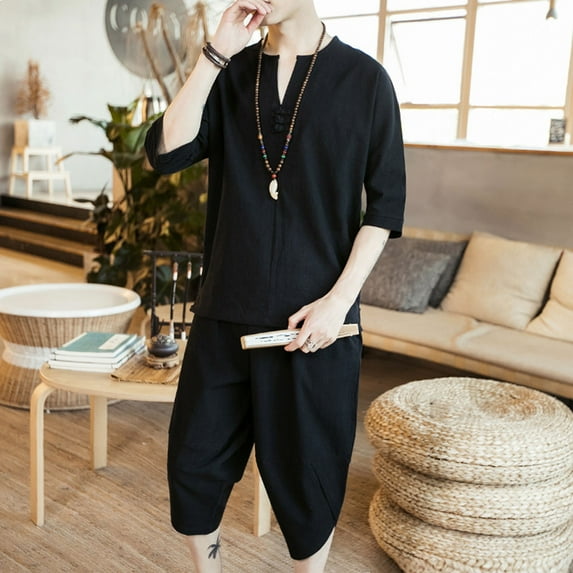 Rciityk Mens Linen Short Sets 2 Piece Outfits Summer Casual 3/4 Sleeve V Neck Button Tops and Seven-Quarter Pants Solid Beach Set