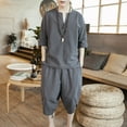 thumbnail image 1 of Rciityk Mens Linen Short Sets 2 Piece Outfits Summer Casual 3/4 Sleeve V Neck Button Tops and Seven-Quarter Pants Solid Beach Set, 1 of 8