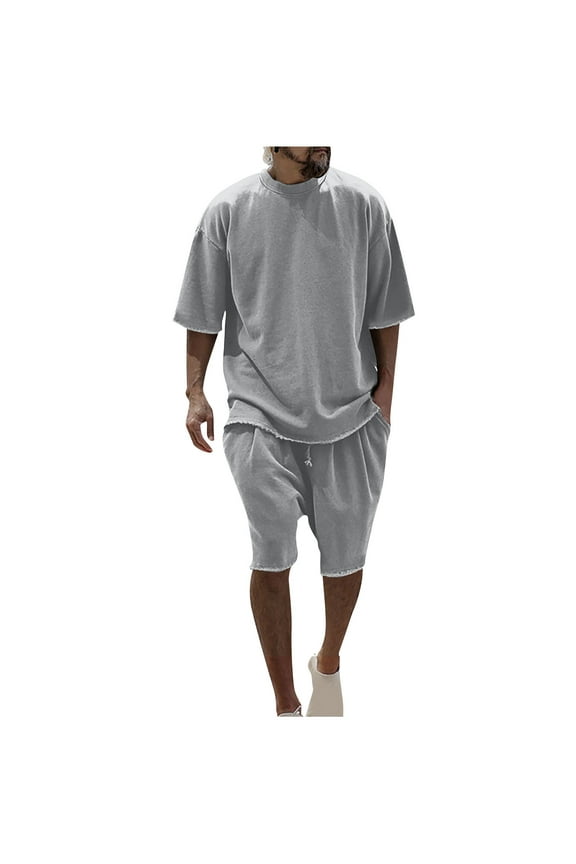 Mens Short Sets 2 Piece Outfits Summer Casual Loose Crew Neck Solid Short Sleeve Tee Shirts and Classic Sport Shorts Tracksuit