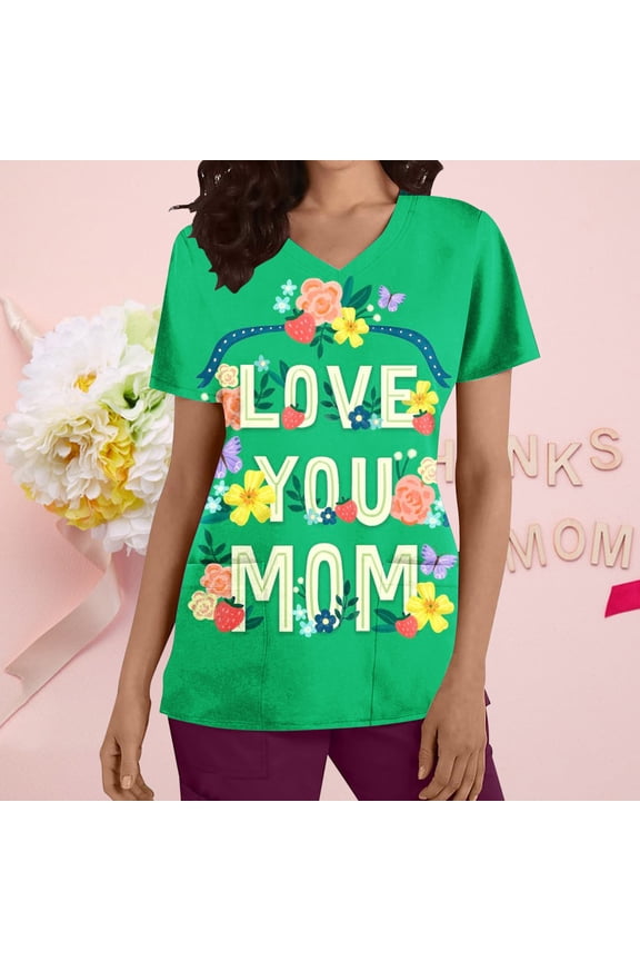 Mother's Day Scrub for Women Summer V-Neck Short Sleeve Medicals Top Printed Nurse Shirt Casual Work Uniform Tops T-Shirt with Pockets