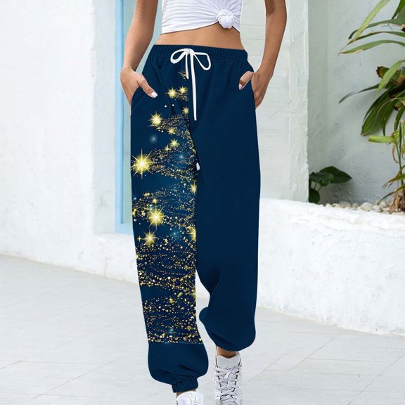 Rciityk Multicolor Christmas Sweatpants for Women Drawstring Xmas Tree Mooses Snowflake Print Fleece Joggers High Waist Baggy Athletic Pants with Pockets Gifts for Her