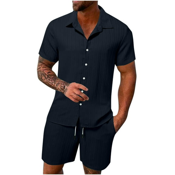 Rciityk Navy Men's 2 Piece outfits Cotton Linen Set Solid Turndown Collar Button T Shirts and Drawstring Elastic Wais Shorts Summer Casual Beach Outfits