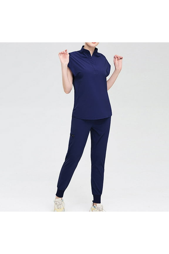 Navy Scrub Set for Women Solid Color Short Sleeve Medicals Uniform Women V-neck Button Top and Drawstring Pants Protective Work Suit with Pockets