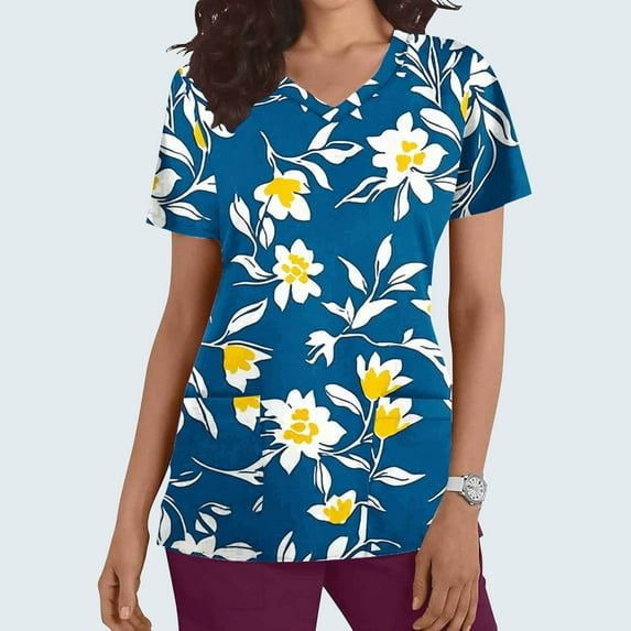 Rciityk Navy Womens Nursing Scrub Tops Summer Floral Printed Working Uniform Short Sleeve V Neck Workwear Blouse T-shirt with Pockets