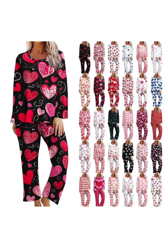 Pajama Sets for Women 2 Piece - Valentines Day Pajamas Women - Ladies Pajamas Sets Long Sleeve Round Neck Top and Pants Lounges Pjs Sets