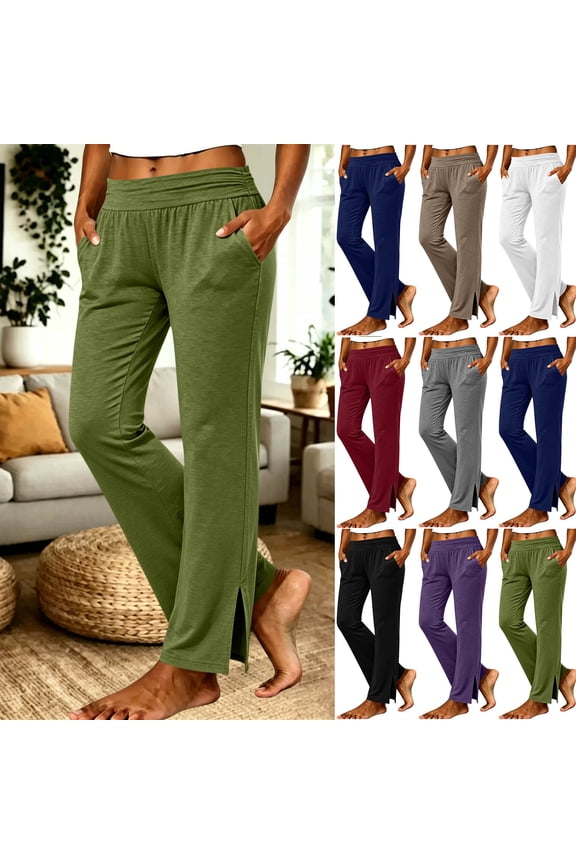 Pants for Women Fashion Solid Color Pleated Straight Leg Pants Elastic High Waist Soft Breathable Long Trousers with Pockets