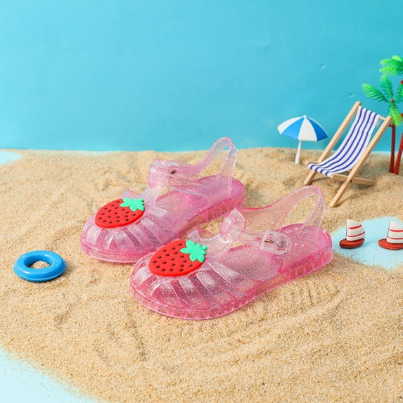 Rciityk Pink Toddler Little Girls Summer Rain Shoes Princess Jelly Flat Cute Fruit strawberries Jelly Sandals Soft Rubber Sole Beach Shoes Kids